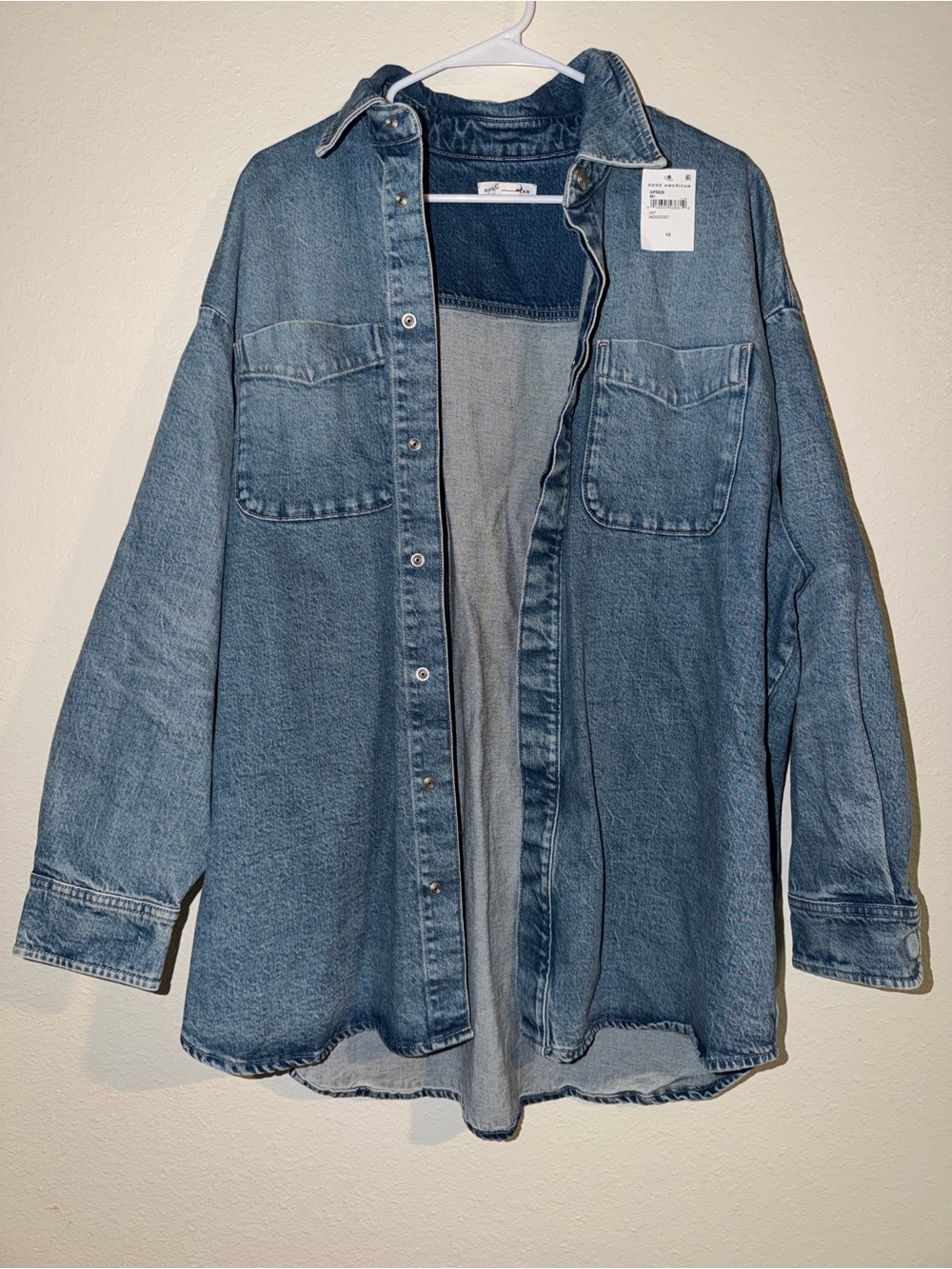 Good American Blue Denim Shacket Size 1/2 Oversized Button Up Jean Jacket